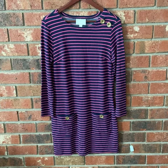 Sail to Sable Smiling in Stripes Navy Pink Striped Long Sleeve Dress - Picture 2 of 8